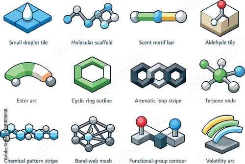 Isometric vector icons of molecular aroma motifs: small droplet tile, molecular scaffold line, scent motif bar, aldehyde tile,