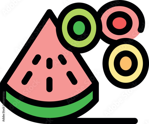 Cartoon illustration featuring a slice of watermelon with three colorful bubble gum balls floating above it against a white background