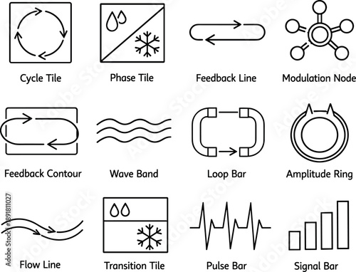 Line style vector icons of liquid cooling: cycle tile, phase tile, feedback line, modulation node, feedback contour, wave band,