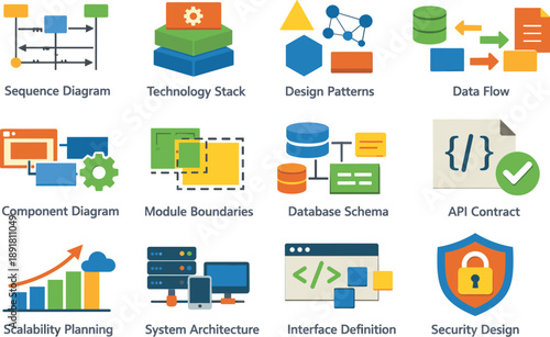Flat vector icons of software development process system design: sequence diagram, technology stack, design patterns, data flow,