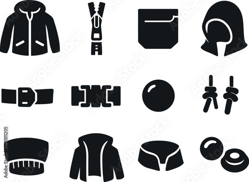 Jacket Vector Icons. Solid vector icons of functional jacket: jacket, zipper, pocket, hood, strap, buckle, button, drawstring,