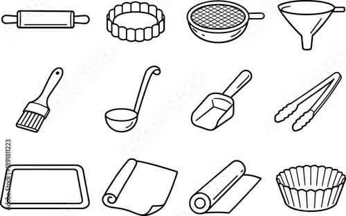 Line style of baking tools vector icons: rollingpin, cutter, sieve, funnel; brush, ladle, scoop, tongs; mat, parchment, foil,