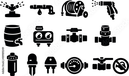 Irrigation Tools Icons. Solid vector icons of watering and irrigation tools: sprinkler, drip hose, hose reel, spray nozzle, rain