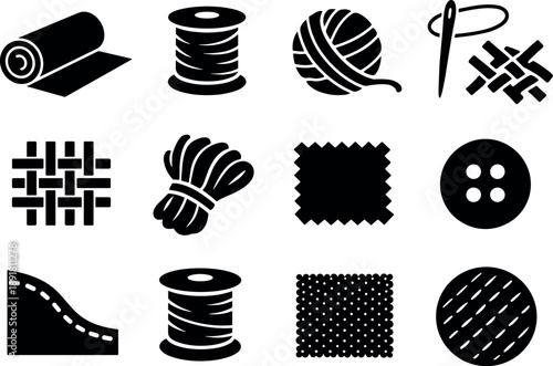 Solid vector icons of tactile fabric: textile roll, thread, yarn, stitch, needle, woven pattern, fiber, fabric swatch, button,