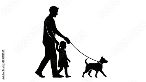 Man walking dog with small child on a walk together.