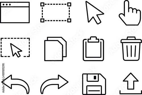 Line style of smart layout editor vector icons: editor, canvas, cursor, pointer; select, copy, paste, delete; undo, redo, save,