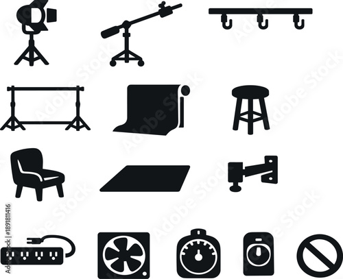 Solid vector icons of studio setup: studio light, boom arm, ceiling rail, backdrop frame, background paper, stool, posing chair,