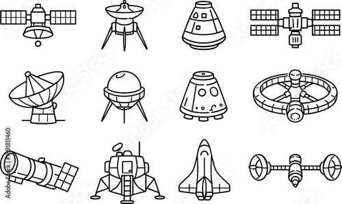 Line style of interstellar space vector icons: satellite, probe, capsule, station; vacuum, silence, dark, cold; distance, depth,