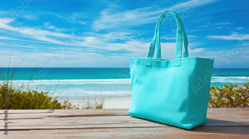 Turquoise beach bag on wooden table overlooking ocean waves and clear blue sky.