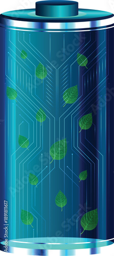 Futuristic eco-friendly battery with integrated electronic circuits and organic tree leaves, glowing in sustainable neon greens. Isolated on a transparent background, ecology sci-fi design, green