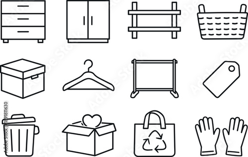 Line style icons of Minimalist home: Drawer, Closet, Shelf, Basket; Box, Hanger, Rack, Label; Trash bin, Donation box, Recycle