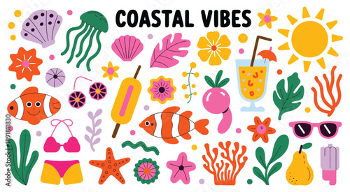 Summer Sea Vacation Vibes Vector Sticker Elements Set Featuring Tropical Aesthetic Holiday Themes, Cute Groovy Funky Cartoon Illustrations of Ocean Beach Objects, Cocktails, Exotic Fish, and Shells