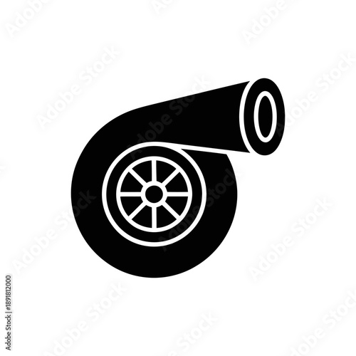 Automotive Turbocharger Engine Boost Icon. A sleek, black and white icon depicting a turbocharger, an essential component for boosting engine performance. 