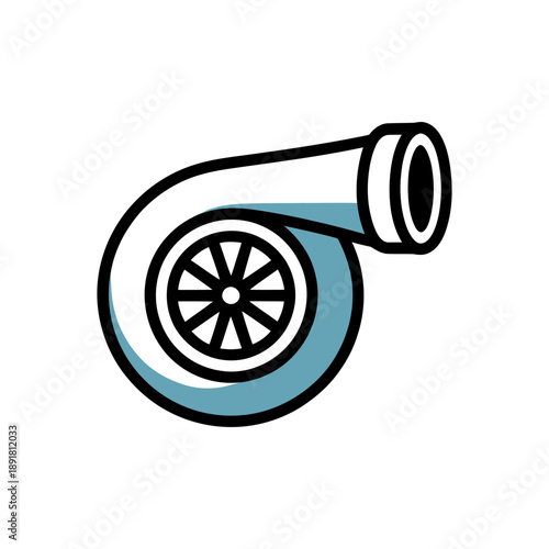 Automotive Turbocharger Engine Boost Icon. A sleek, black and white icon depicting a turbocharger, an essential component for boosting engine performance. 