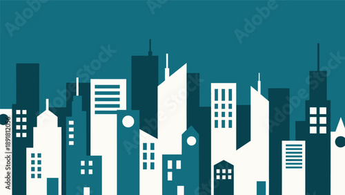 Cityscape with modern skyscrapers and urban buildings.