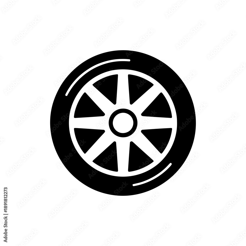 Fototapeta premium Vintage Wagon Wheel Icon. A simple black icon of a spoked wheel, presented as a clean silhouette on a white background.