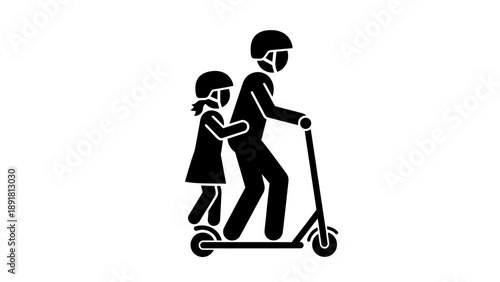 Man and child riding electric scooter together.