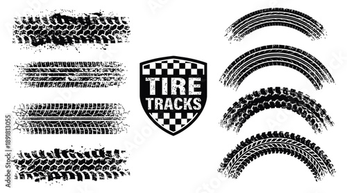 Tire Tread Marks Vector Set Featuring Isolated Wheel Textures for Drift, Rally, Racing, Off Road, and Motocross Use, with Black Monochrome Grunge Effects, Splashes, and Distressed Prints