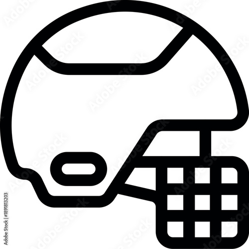 Simple black and white vector icon of a football helmet with face mask, representing safety and competition in sports