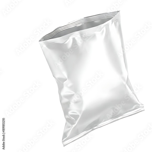 Open empty foil silver potato chips snack bag mockup isolated on white background