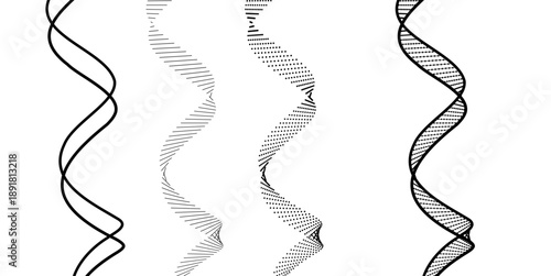 Vector set of DNA helix strands. Black spiral structures representing genetic code, chromosomes and molecular biology. Scientific icons collection on white.