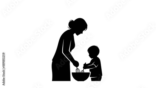 Mother and Child Silhouette Cooking Together in Kitchen.