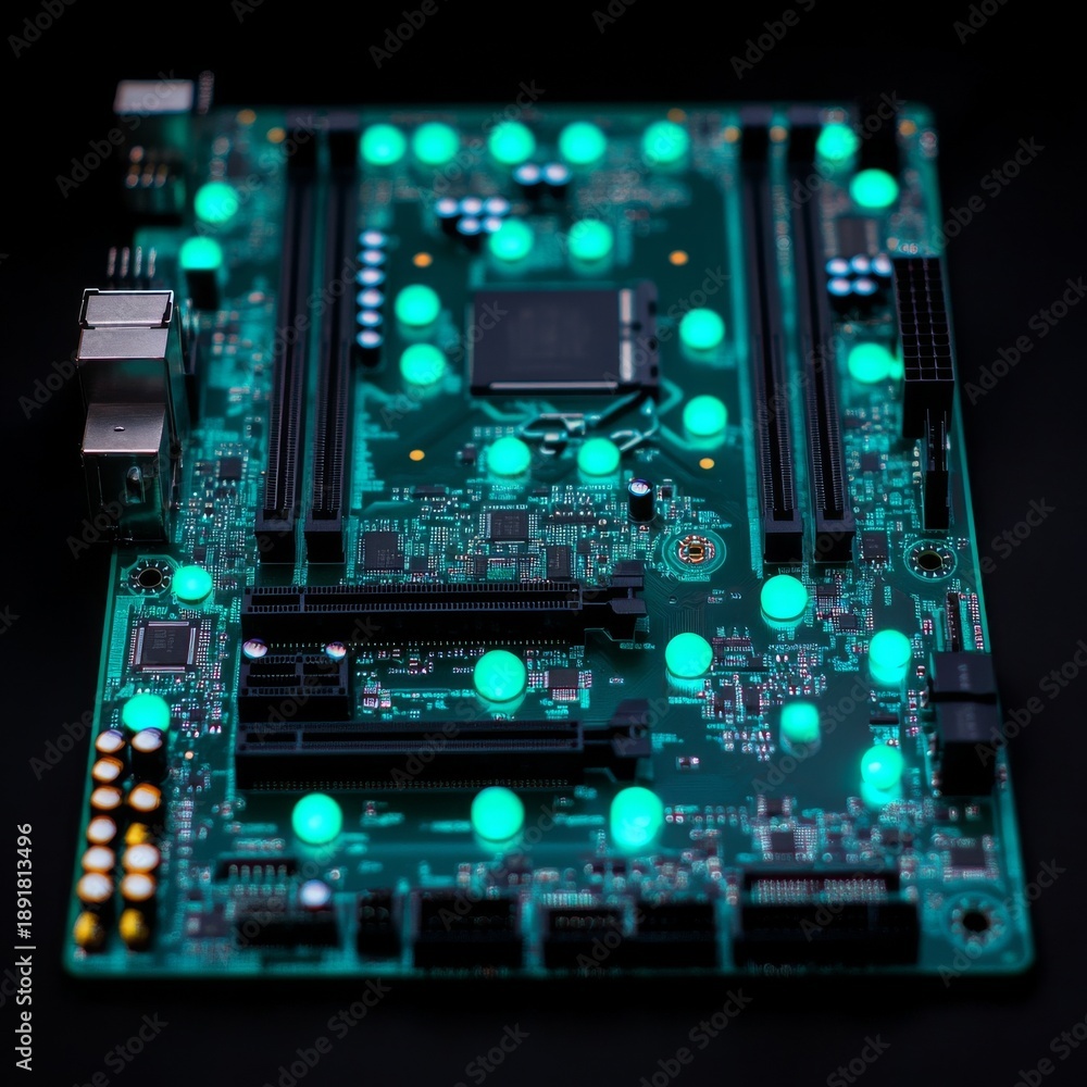 Fototapeta premium Abstract Motherboard Circuitry with Glowing Teal Lights, Futuristic Tech Concept, Macro Shot, Technology, Innovation, Circuit, motherboard