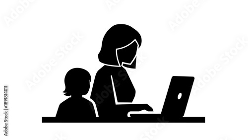 woman and child using laptop computer.