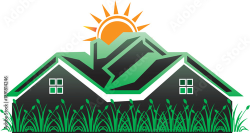 Green Mountain Home With Sunlit Peak And Grass, A Stylized Rural House Logo