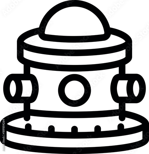 Futuristic spacecraft hovering, showcasing open hatch and prominent pipes, rendered in a clean, minimalist line art style