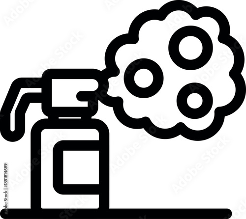 Spray bottle releasing three round chemical substances, forming a cloud