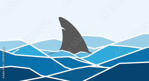 Dramatic Action of a Shark Fin Emerging from Waves, Ocean Scene, Digital Illustration, Blue Water Environment, Captivating Viewpoint