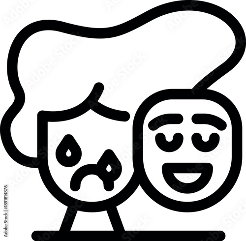 Bipolar disorder visualized with two masks, one crying with sadness and the other laughing with happiness, representing mood swings