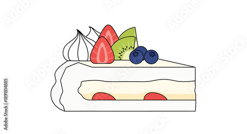 Delicious Cake Slice with Fresh Fruits, Dessert Display, Bright Kitchen, Illustration, Whimsical Style