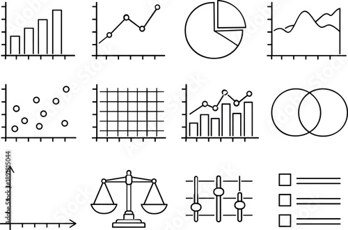 Line style vector icons of Data visualization icons: chart, graph, diagram, plot; bar, line, pie, area; axis, scale, grid, legend
