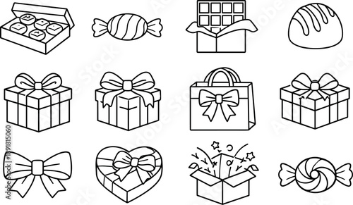 Line style vector icons of chocolate gift: chocolate, candy, bar, sweet; gift, box, package, present; ribbon, bow, treat,