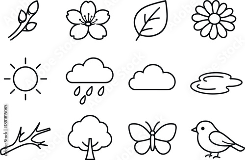 Line style vector icons of early spring essentials: bud, bloom, leaf, flower; sun, rain, cloud, puddle; branch, tree, butterfly,