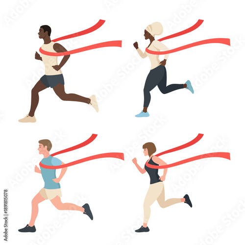 Victory in a running competition. A set of men and women with a red finish line ribbon.