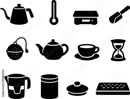 Solid vector icons of tea brewing ritual: kettle, thermometer, scale, scoop, infuser, teapot, cup, timer, water filter, canister,