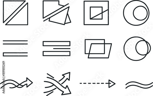 Line style of borderless layout vector icons: edgecut, slice, trim, mask; align, offset, shift, float; dynamic, loose, raw, free