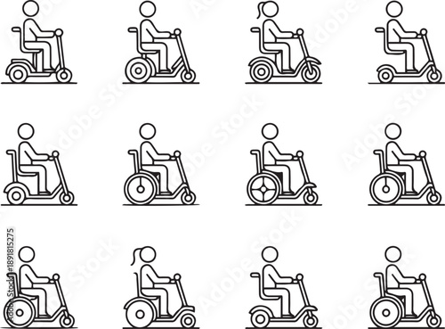 A set Series of black and white icons of people riding various types of scooters and wheelchairs.one line vector illustration with out background
