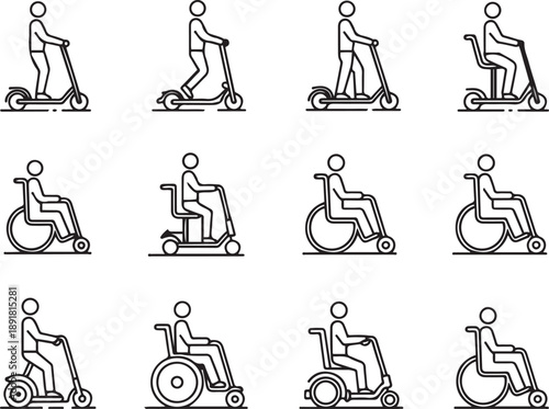 A set Series of black and white icons of people riding various types of scooters and wheelchairs.one line vector illustration with out background