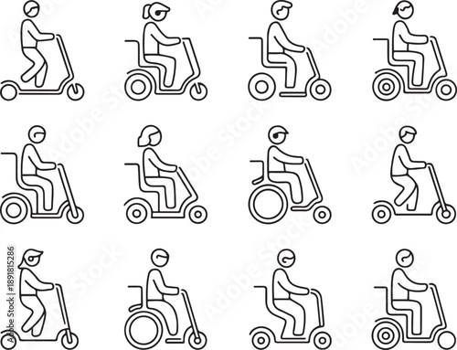 A set Series of black and white icons of people riding various types of scooters and wheelchairs.one line vector illustration with out background