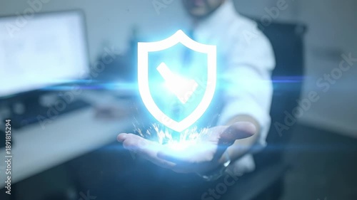 Professional presents holographic shield with checkmark symbol. Digital security concept represents protection, verification, insurance, trust, and quality assurance in business or technology