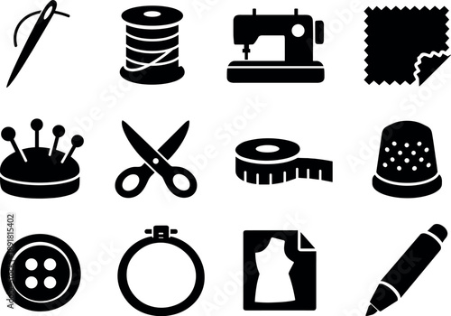 Solid vector icons of sewing crafts: needle, thread spool, sewing machine, fabric piece, pin cushion, scissors, measuring tape,