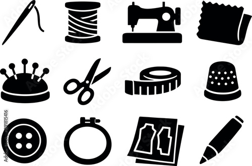 Solid vector icons of sewing crafts: needle, thread spool, sewing machine, fabric piece, pin cushion, scissors, measuring tape,
