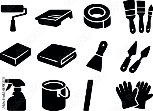 Solid vector icons of painting and finishing tools: paint roller, paint tray, masking tape, brush set, sanding sponge, drop cloth
