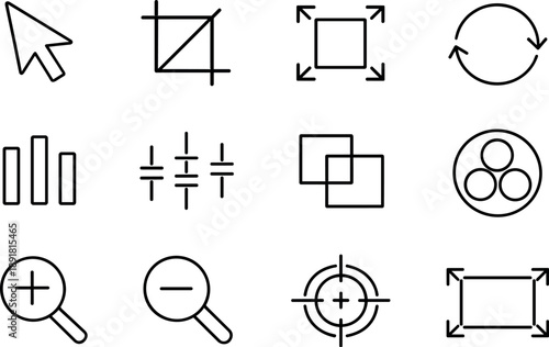 Line style icons of Editing toolbar UI: select, crop, resize, rotate; align, distribute, arrange, group; zoomin, zoomout, focus,