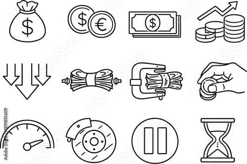 Line style icons of costly money environment: money bag, currency, cash, funds; arrow pressure, squeeze, clamp, pinch; slowdown,