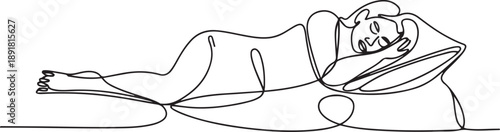 Continuous single line sketch drawing of woman sleeping on pillow bed.one line vector illustration with out background